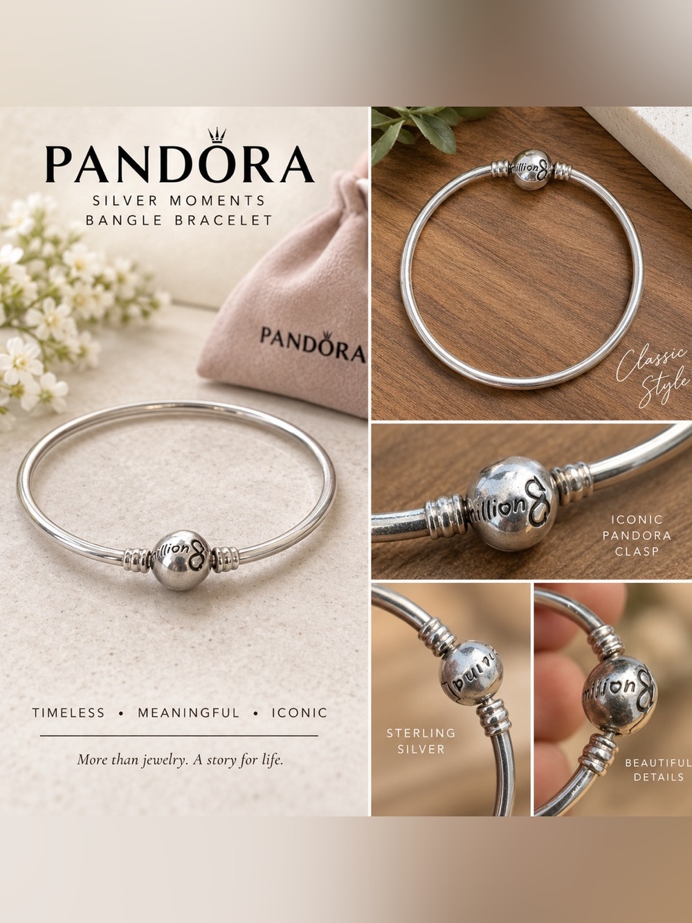 Authentic Pandora Sterling Silver Moments Logo Clasp Bangle Bracelet